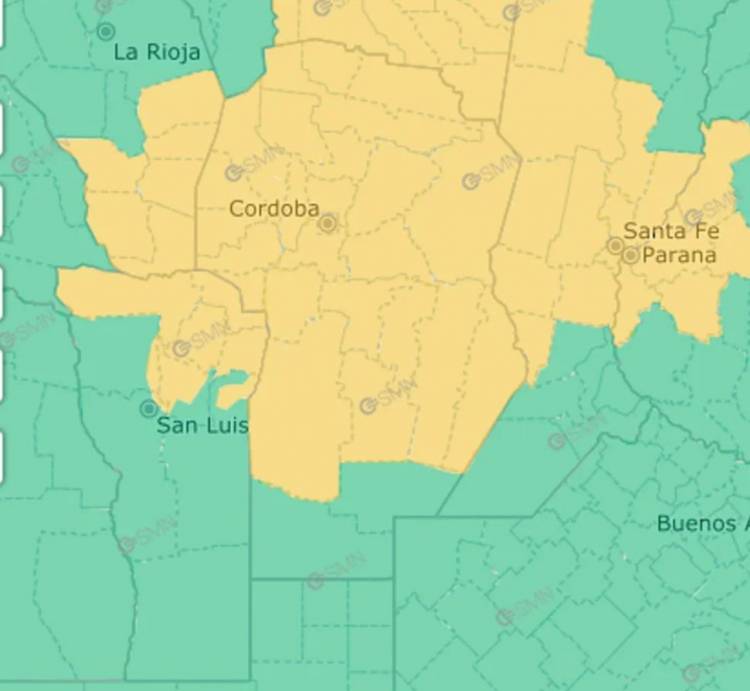 Rige un alerta amarillo por probabilidad de tormentas fuertes para la provincia de Córdoba